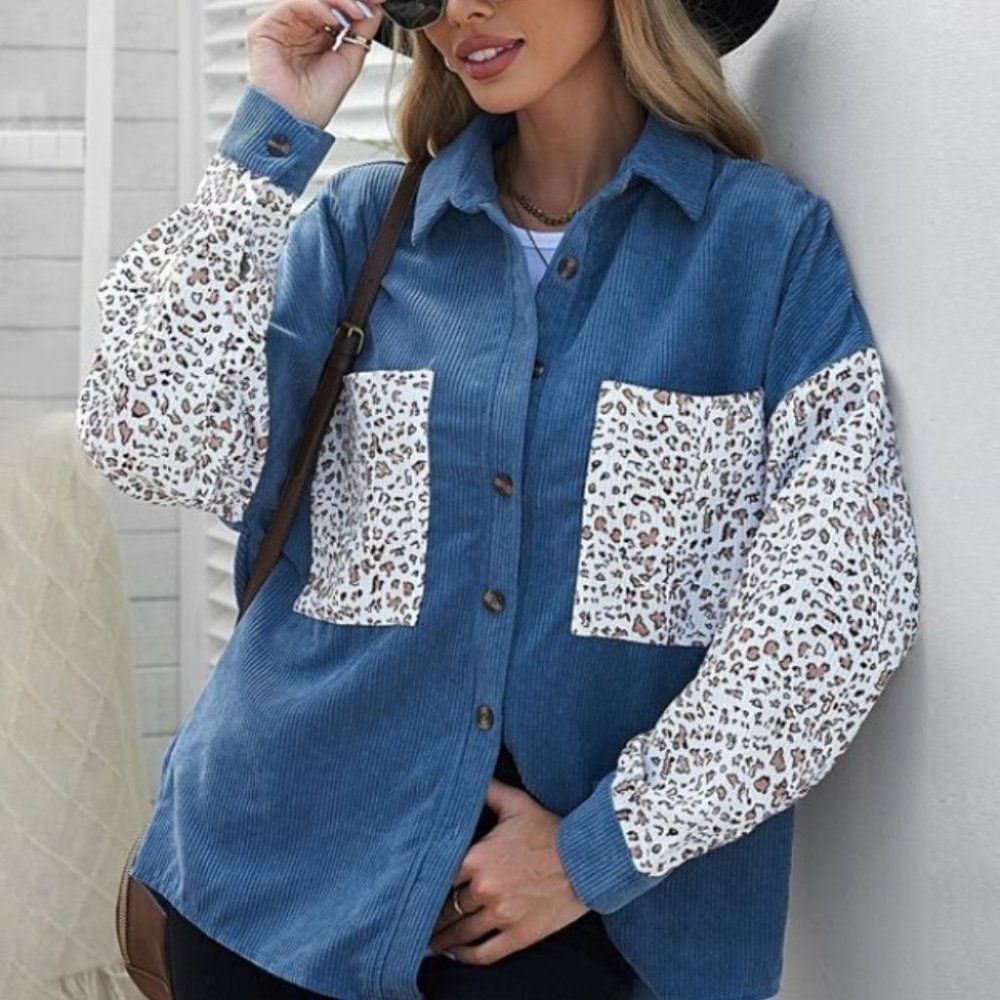 Blue Leopard Print Patched Pocket Button down Cord - Picture 2 of 5